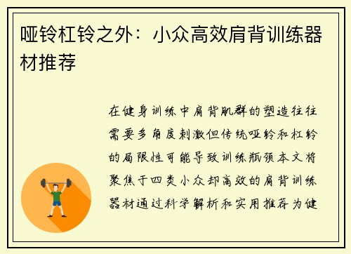 哑铃杠铃之外：小众高效肩背训练器材推荐