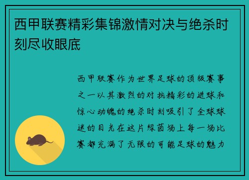 西甲联赛精彩集锦激情对决与绝杀时刻尽收眼底