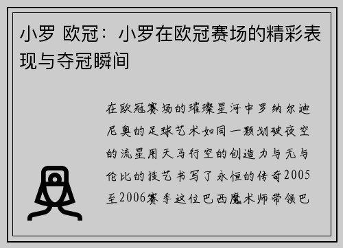 小罗 欧冠：小罗在欧冠赛场的精彩表现与夺冠瞬间