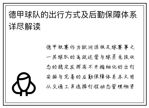德甲球队的出行方式及后勤保障体系详尽解读